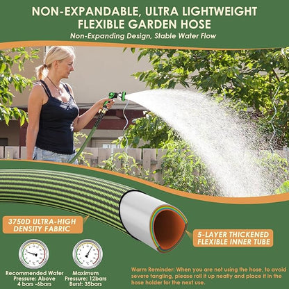 Non-Expandable Garden Hose 150 ft, Ultra Lightweight Flexible Water Hose with 10-Pattern Nozzle, Leak-Proof, High-Density Fabric, Thickened Connector, Shut-Off Valve for Yard, Lawn, Outdoor