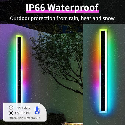 Widened 2 Pack Modern Exterior Lighting Fixtures, 57inch RGB Dimmable Outdoor Wall Sconces, 10 Colors, 5 Modes, IP65 Waterproof, Black Long LED Wall Mount Lights for Fence, Balcony, Garage