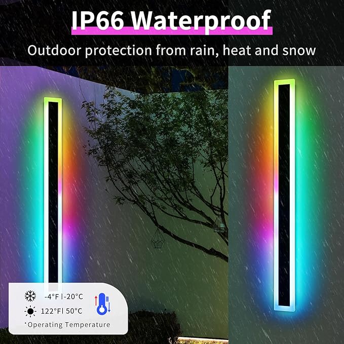 Widened 2 Pack Modern Exterior Lighting Fixtures, 58inch RGB Dimmable Outdoor Wall Sconces, 10 Colors, 5 Modes, IP65 Waterproof, Black Long LED Wall Mount Lights for Fence, Balcony, Garage