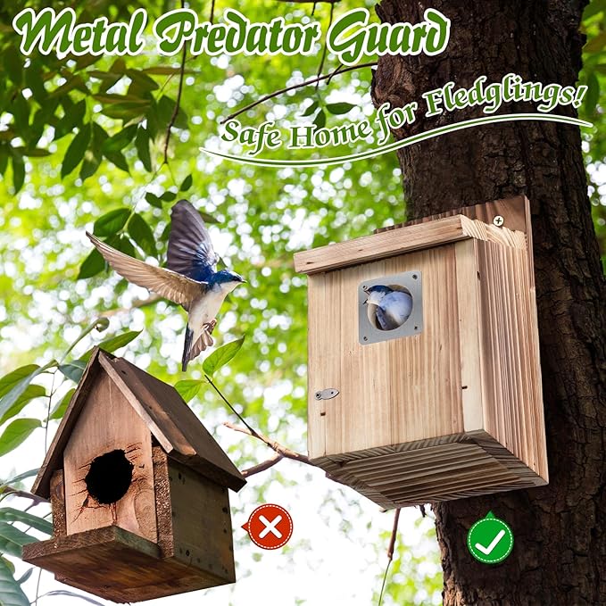 Dreyoo 4 Pack Cedar Bluebird Box Houses for Outside, 1-1/2” Entrance Hole Wooden Bird Houses with Metal Predator Guard, Secure Latch, Fledgling Grooves, Air Vents for Bluebird Wren Swallow Finch