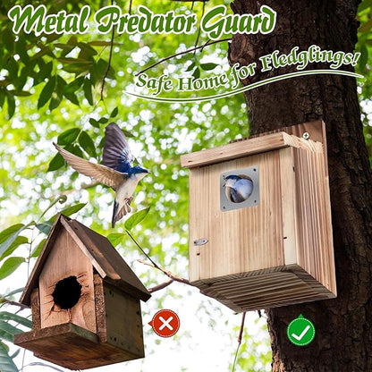 Dreyoo 3 Pack Cedar Bluebird Box Houses for Outside, 1-1/2” Entrance Hole Wooden Bird Houses with Metal Predator Guard, Secure Latch, Fledgling Grooves, Air Vents for Bluebird Wren Swallow Finch