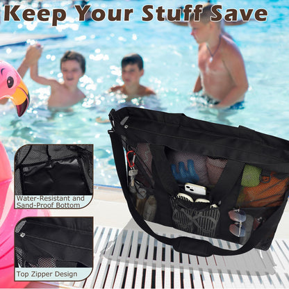 Mesh Beach Bag, Large Beach Tote with Zipper Pocket for Family Pool Bag for Toys & Vacation Essentials