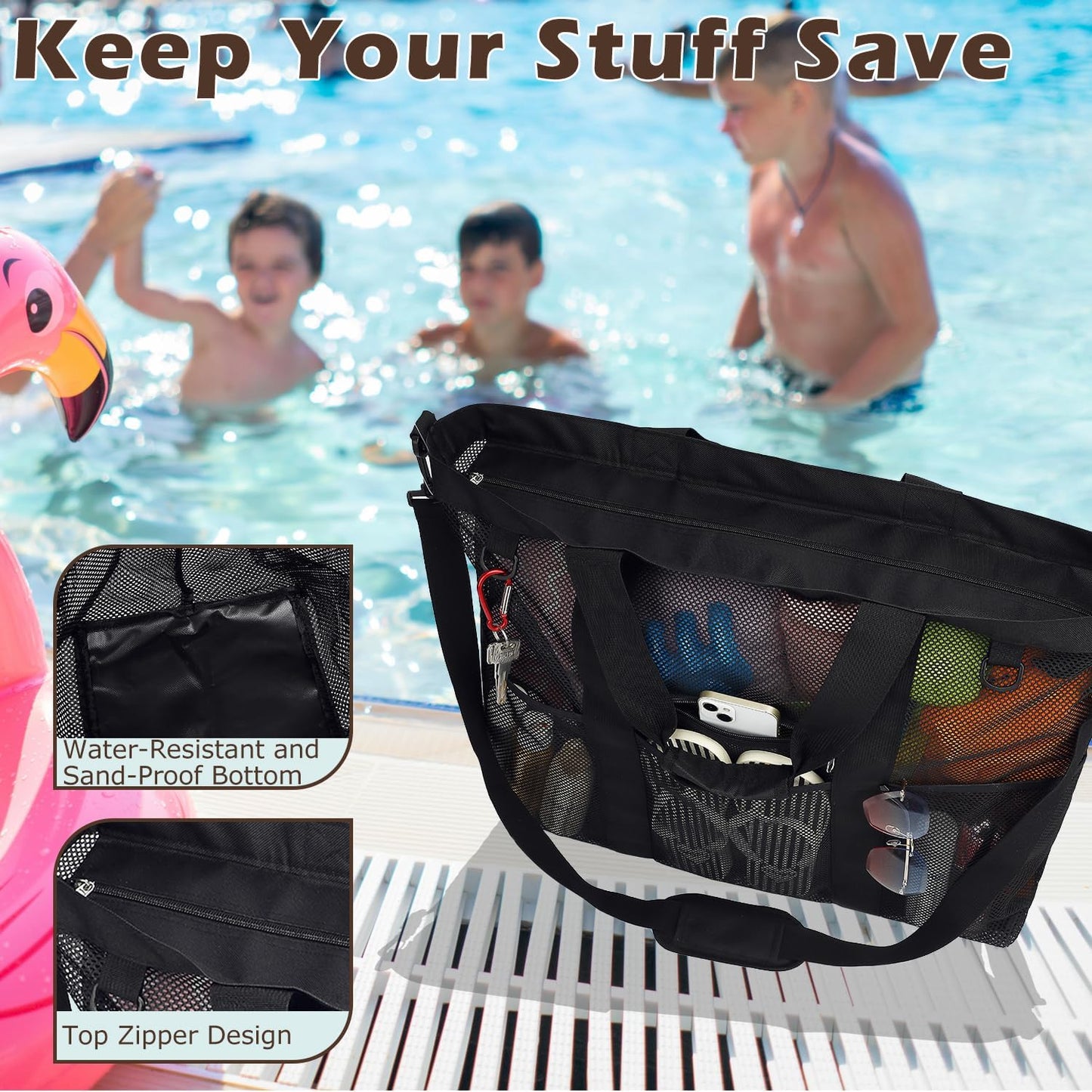 Mesh Beach Bag, Large Beach Tote with Zipper Pocket for Family Pool Bag for Toys & Vacation Essentials