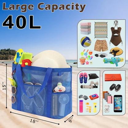 Mesh Beach Bag, Large Beach Tote with Zipper Pocket for Family Pool Bag for Toys & Vacation Essentials