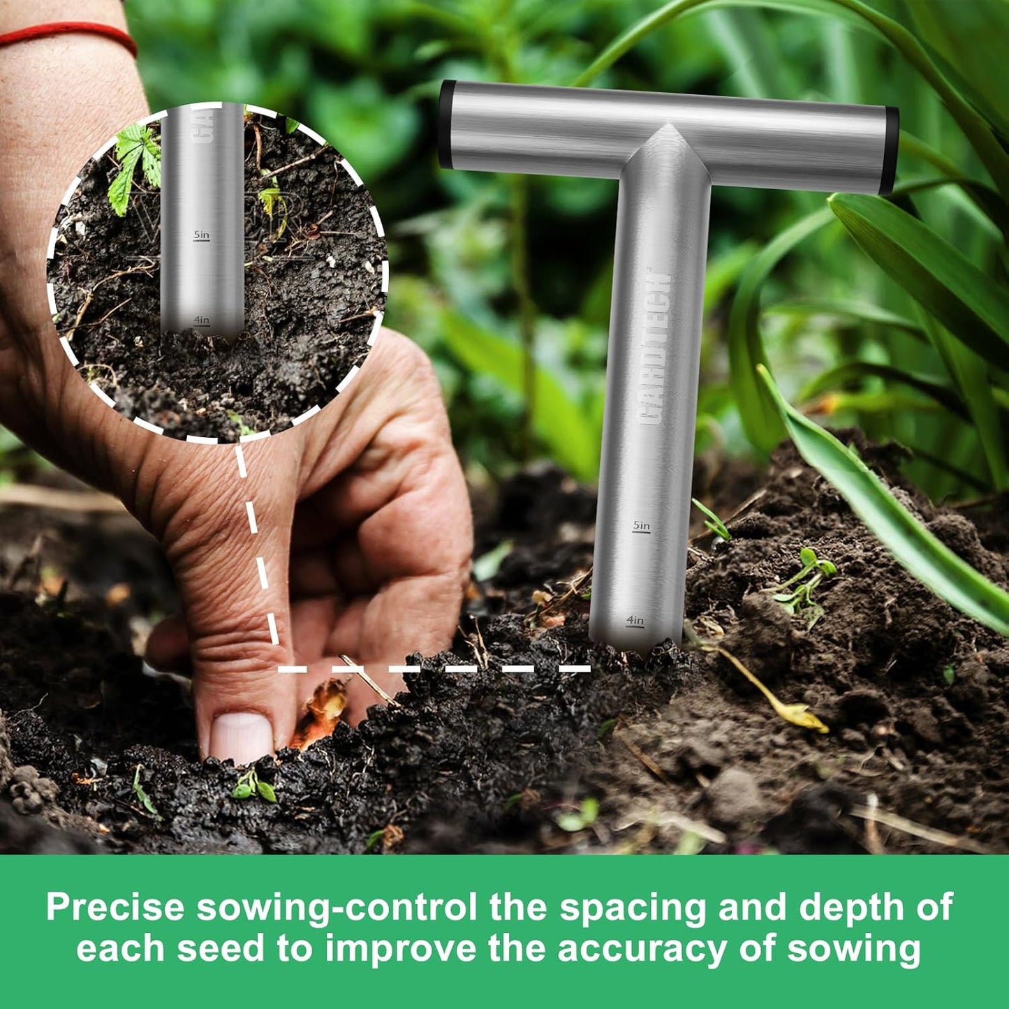 Gardtech Hand Dibber Garden Tool with 5 Inch Measuring Scale,Stainless Steel Bulb Planter Tool,Seed Dibber for Planting & Sowing Seed