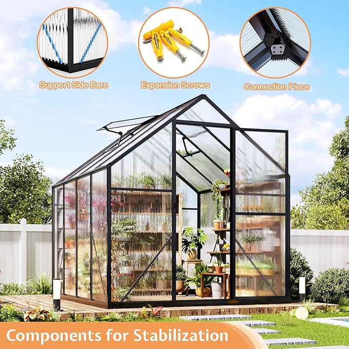 Jocisland 6x8x6.3 FT Polycarbonate Greenhouse for Outdoors with 2 Windows, Dual Swing Doors, Aluminum Walk-in Frame, Heavy Duty Garden Greenhouse for Backyard, Black