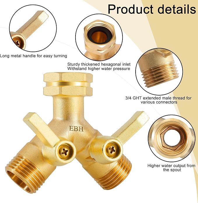 EBH Garden Hose Splitter 2 Way Full Flow, Y Valve High Flow Brass Hose Diverter, Metal Long Handle With Shutoff, GHT 3/4-Inch Heavy Duty Hex Female Inlet and 3/4-Inch Male Outlet