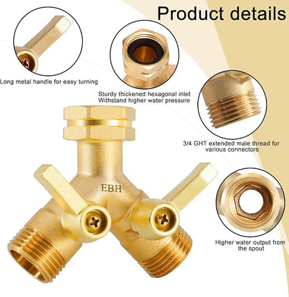 EBH Garden Hose Splitter 2 Way Full Flow, Y Valve High Flow Brass Hose Diverter, Metal Long Handle With Shutoff, GHT 3/4-Inch Heavy Duty Hex Female Inlet and 3/4-Inch Male Outlet