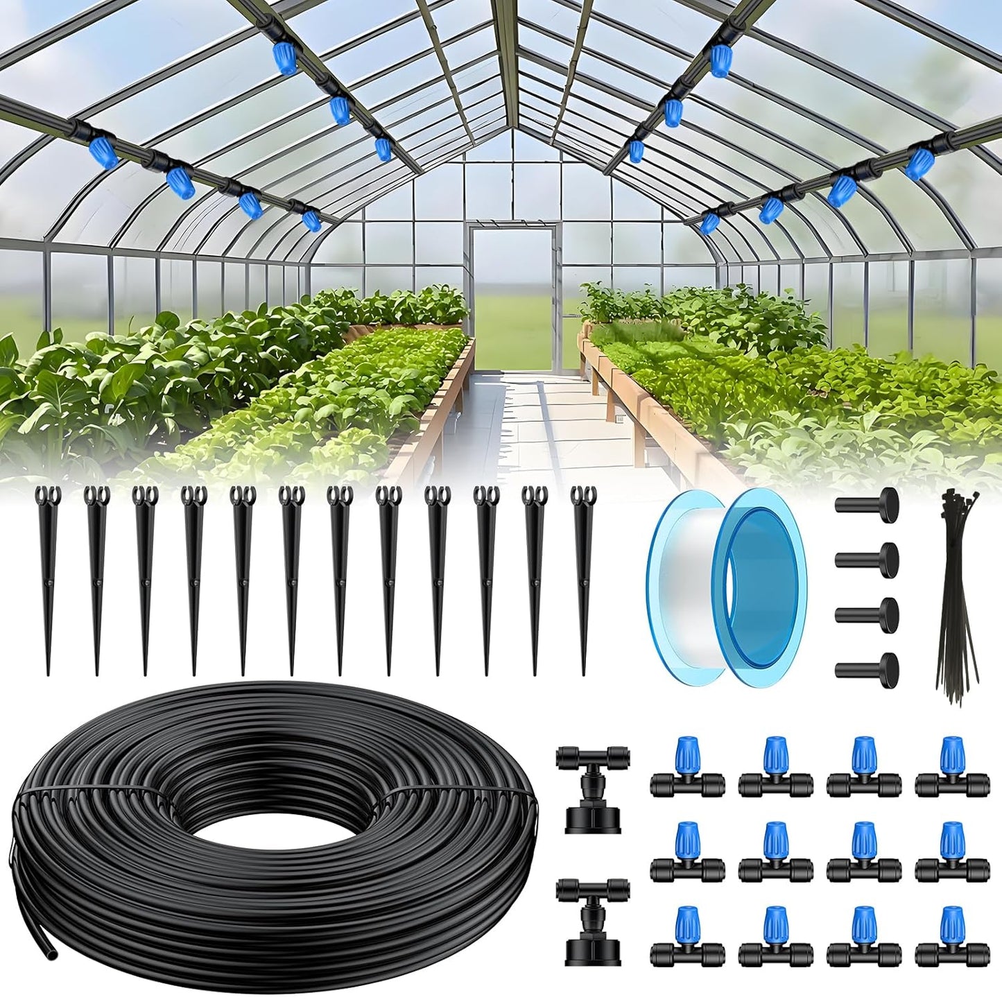 Pawfly 50ft Mist Drip Irrigation Kit - Quick-Connect Drip Irrigation System with 1/4" Tubing, Adjustable Misting Nozzles & Drip Irrigation Parts for Greenhouse, Lawn, Patio and Raised Beds