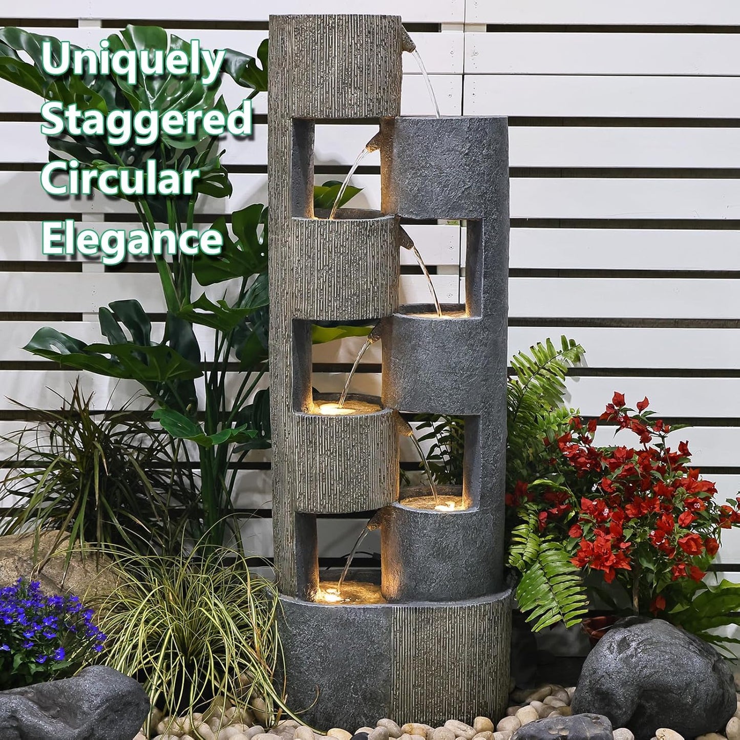 51" Outdoor Water Fountain Uneven Cylinders Waterfalls Fountain Floor Standing Water Fountains with LED Lights, Pump, Natural Stones for Garden, Living Room, Patio