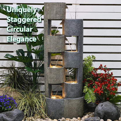 51" Outdoor Water Fountain Uneven Cylinders Waterfalls Fountain Floor Standing Water Fountains with LED Lights, Pump, Natural Stones for Garden, Living Room, Patio