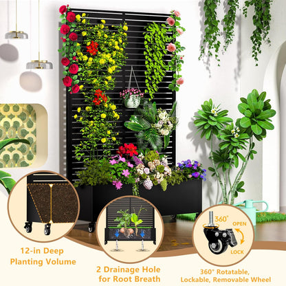 Metal Planter Box with Trellis, 72"x47"x16" Outdoor Galvanized Raised Garden Bed with Privacy Screen & Drainage Holes & Lockable Casters for Climbing Plants, Vegetable, Vines (Black-Louvered)