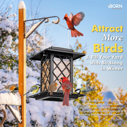 iBorn Bird Feeders for Outdoors, Metal Bird Feeder, Wild Bird Feeders for Cardinal, 2.4LBS Capacity,18cm Large Roof, Lantern Style, Black