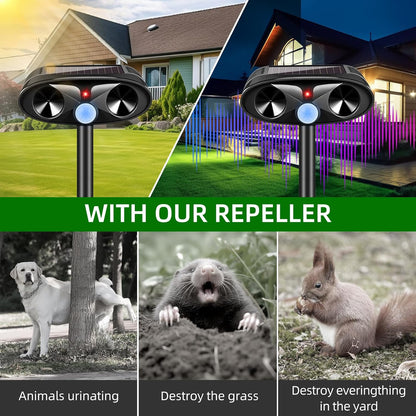 Upgraded Solar Animal Repellent, 2 Pack Ultrasonic Animal Repeller Outdoor USB Charge with Motion Sensor Cat, Deer, Squirrel, Dog,Raccoon,Skunk,Rodent,Rabbit Repellent for Yard Garden Lawn,Black