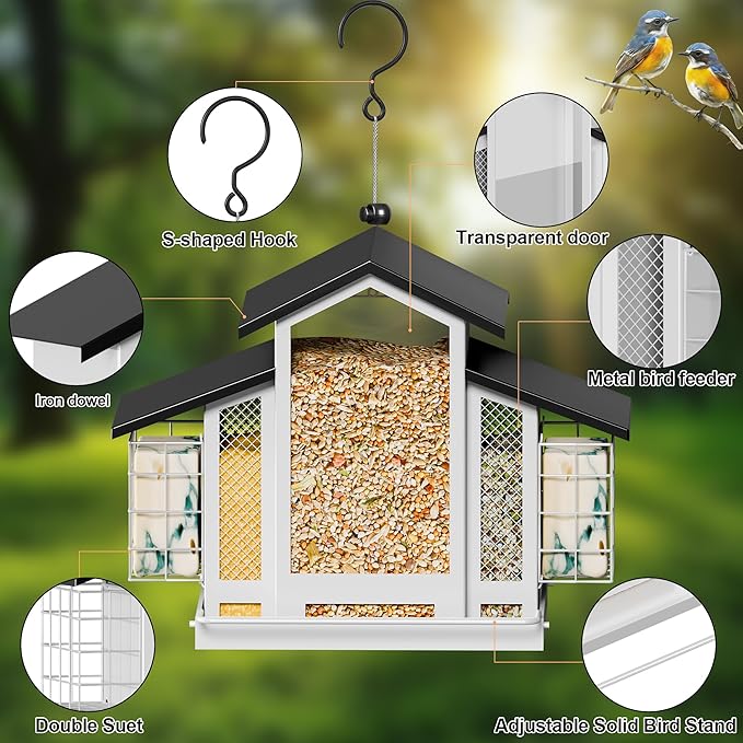 White Metal Bird Feeder Birdhouse, Outdoor Hanging Wild Bird Feeders for Outdoors, Perfect Birdhouses for Outside Bird Lovers