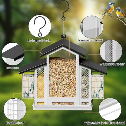 White Metal Bird Feeder Birdhouse, Outdoor Hanging Wild Bird Feeders for Outdoors, Perfect Birdhouses for Outside Bird Lovers