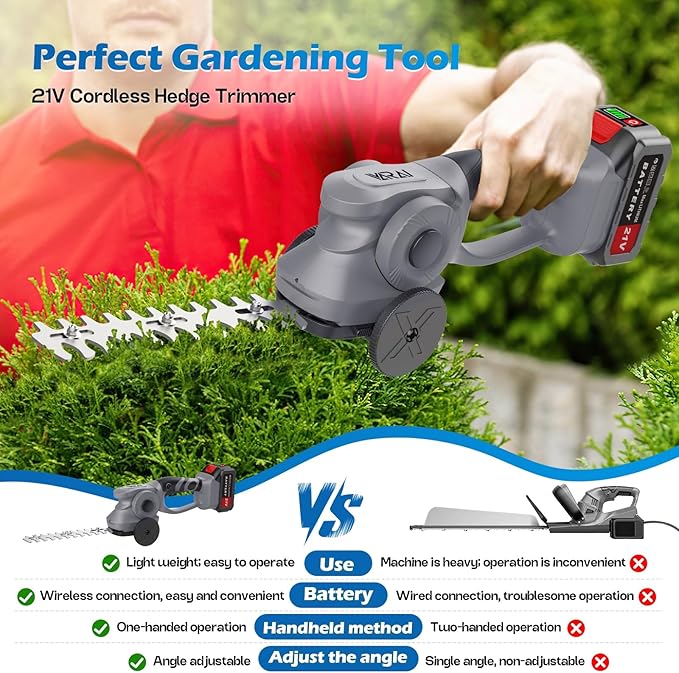Cordless Hedge Trimmer, 2-in-1 Hedge Trimmer, Ultra Long Battery Life with Battery*2, high-Power and high-Capacity Grass Trimmer for Gardens, Yards and lawns, Including Charger
