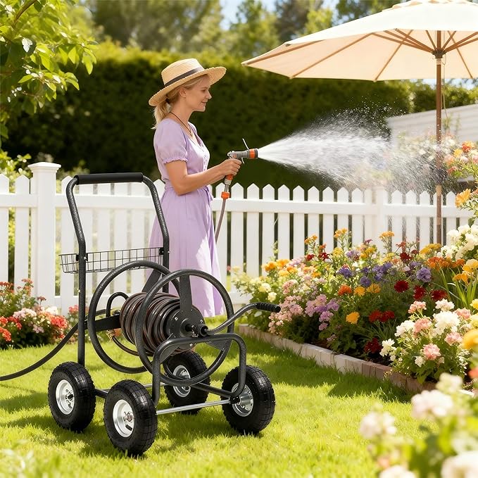 250FT Garden Hose Reel Cart with 10" Pneumatic Tires, Heavy-Duty Steel Frame for Tangle-Free Water Hose Storage, Easy-Rolling Lawn & Yard Hose Holder