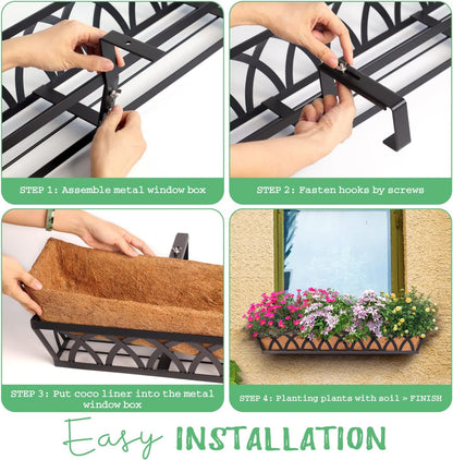Window Box Railing, 32 Inch Black Metal Hanging Flower Planter Basket with Coco Liner for Outdoor Balcony Porch Fence Patio for Home, Office and Hotel (Black - 4 Pcs/Set)