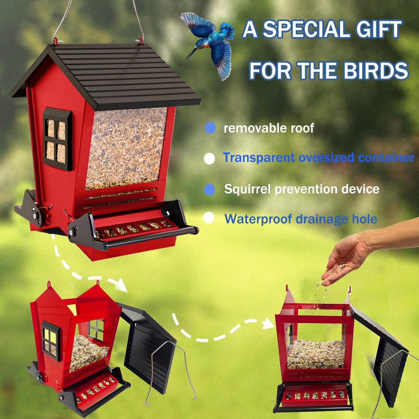 LSCQYYCC-Bird Feeder Squirrel Proof Metal Hanging for Outdoor Wild Bird Seed, with Bilateral Weight-Activated Perches, Large Feeder That Attracts Cardinals, Chickadees, and More Birds-One in red