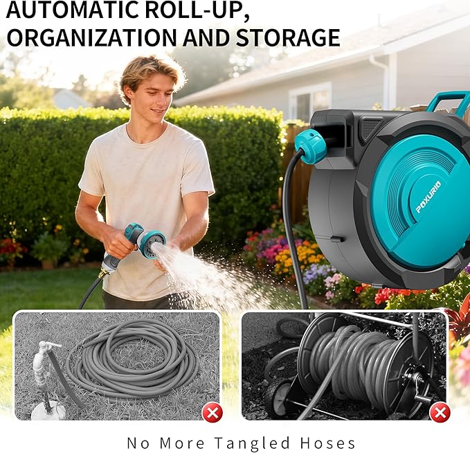 5/8" 75FT Retractable Garden Hose Reel, Wall Mounted Automatic Hose Reel with Upgraded 10 Pattern Nozzle/Any Length Lock/Slow Return System/180°Swivel Bracket, AquaBlue