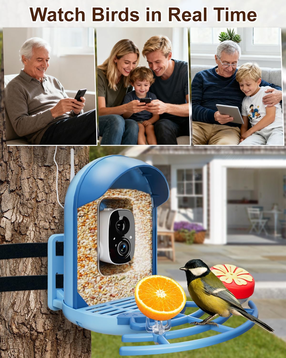 Smart Bird Feeder with 2K Camera, Solar Powered Wireless Birds House with APP Control, Night Vision, Motion Detection Alerts, IP66 Outdoor Birdfeeder for Backyard Garden Bird Watching,Blue