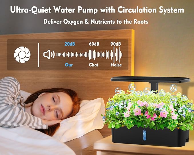Hydroponics Growing System Kit 12 Pods Indoor Garden, Hydroponic Indoor Herb Garden Kit with Grow Light, Smart in Door Gardening, Adjustable Height, Auto Timer, Quiet Pump, Gift for Mom Women, Black