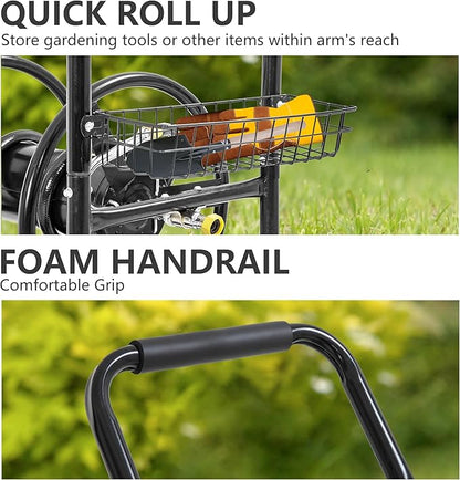 Hose Reel Hold Up To 300 Ft Heavy Duty Garden Hose Reel Sturdy Water Hose Reel Cart with 4 Wheels Storage Basket for Garden Lawn Yard Outdoor (Black)