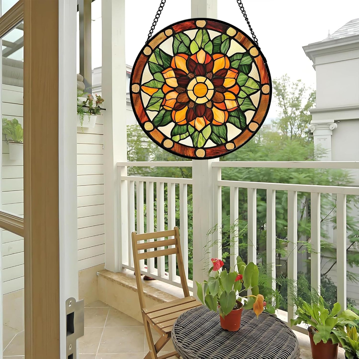 Stained Glass Window Hanging - Yellow Green Boho Style Flowers Sun Catcher for Door Garden Home Decor Suncatcher Christmas Mother's Day Birthday Gifts for Women Mom Girl Nana Friend 6.3 in