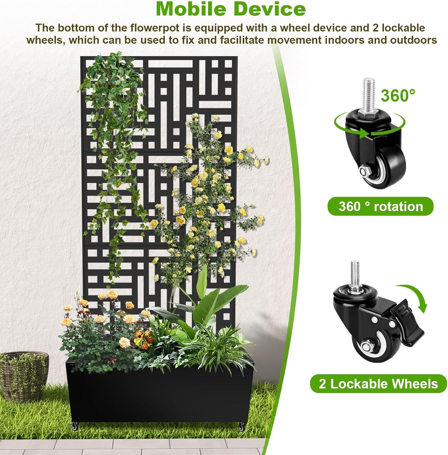 Metal Planter Box with Trellis, 72"x35"x16" Metal Raised Garden Bed with Trellis, Planter Box with Drainage Holes & Lockable Casters for Climbing Plants, Vegetables, and Vines