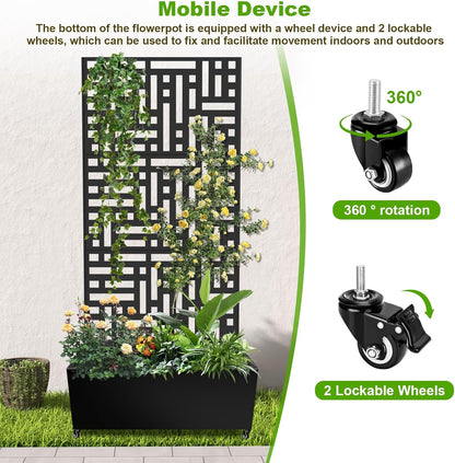 Metal Planter Box with Trellis, 72"x35"x16" Metal Raised Garden Bed with Trellis, Planter Box with Drainage Holes & Lockable Casters for Climbing Plants, Vegetables, and Vines