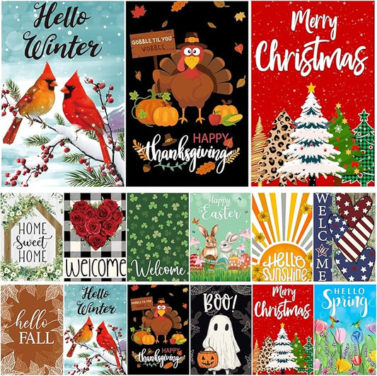 Seasonal Garden Flags Set of 12, Double Sided12x18 Inch Yard Flags, Small Garden Flags for Outside, Christmas Garden Flag, Fall Winter Halloween Outdoor Flag, Holiday Garden Decor for All Season
