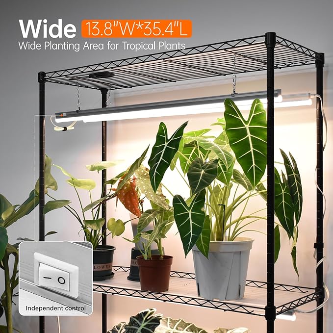 Bstrip Plant Shelf with Grow Light with Timer, Tall Plant Stand with Adjustable Rack and Wheels, 6 Pack T5 3FT Full Spectrum Grow Lights for Indoor Plants, Seed Starting, Seed Tray, 35.4"x13.8"x70.8"