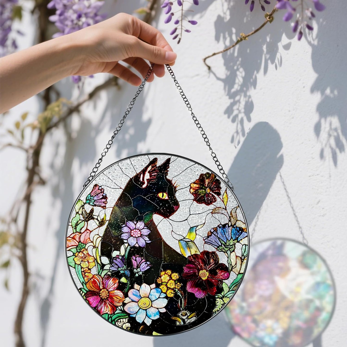 Stained Glass Window Hanging, 8 Inch Black Cat Sun Catcher, Stained Glass Suncatcher, Suncatchers for Windows, Window Decor Hanging, Cats Lover Gifts, Cat Lover Decor, Gifts for Cats Lovers