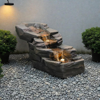 Outdoor Water Fountain 3-Tier Floor Standing Rainforest Rock River Natural Waterfall Fountains with LED Lights for Garden, Patio, Porch, Home Art Decor, 30" L