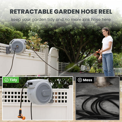 Giraffe Tools Heavy Duty Retractable Garden Hose Reel 1/2 130 FT, Wall Mounted with 9 Pattern Nozzle & Detachable Leader Hose, 180° Swivel Bracket, Any Length Lock, Commercial Grade (Light Grey)