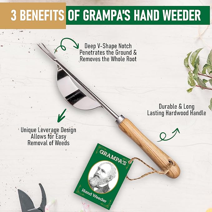 Grampa's Hand Weeder Tool - The Perfect Lightweight Easy to Use Weed Puller Tool for Garden - Durable Unique Lever Design with V-Shaped Forks Allows for Easy Removal of Weeds & Their Roots.