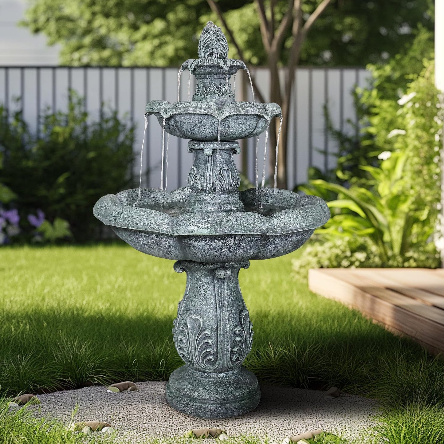 SunJet 48" High 3-Tiers Modern Concrete Outdoor Water Fountain - Round Large Outdoor Fountains and Waterfalls for Garden, Patio, Yard, and Deck Decor, Featuring Natural Stone Look (Grey, 48 inch)