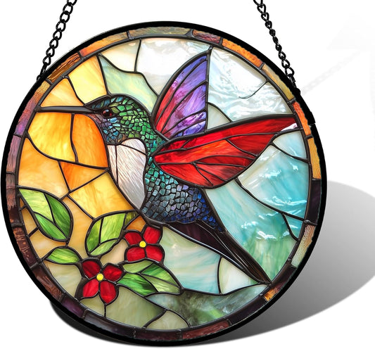 Stained Glass Window Hanging, Hummingbird Gifts Sun Catchers Diamond Glass Panel Hangings Birds Suncatcher Decor for Birthday for Women, Men, Wife, Aunt,and Mom 7.8X7.8IN
