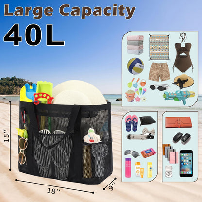 Mesh Beach Bag, Large Beach Tote with Zipper Pocket for Family Pool Bag for Toys & Vacation Essentials
