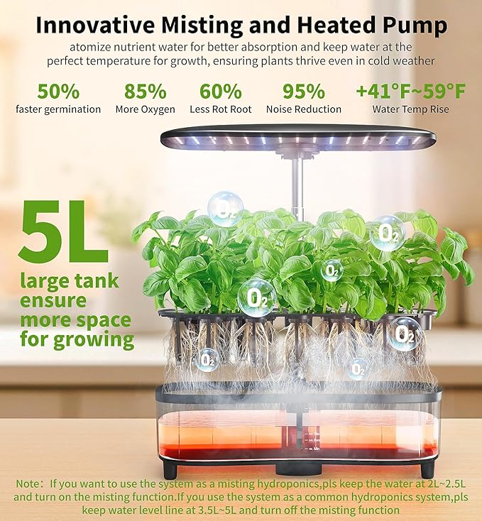 Hydroponics Growing System Kit 15 Pods Misting Herb Garden Indoor Garden Indoor Gardening System 5L Water Capacity 48W Grow Light Gardening Gifts for Women House Warming Gifts New Home (Black)