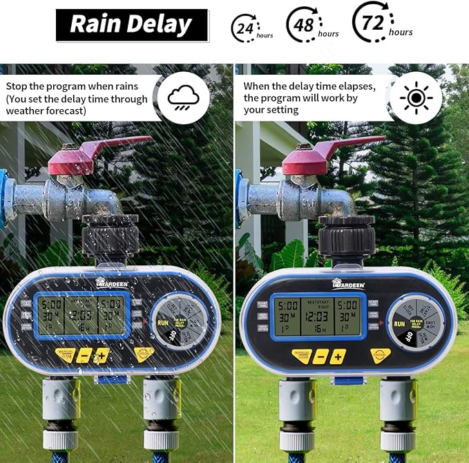 Sprinkler Timer for Garden Hose, Programmable Hose Timer with Rain Delay/Manual/2 Solenoid Valves Garden Electronic Irrigation Controller System Color Blue