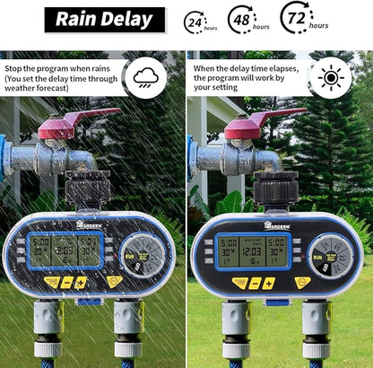 Sprinkler Timer for Garden Hose, Programmable Hose Timer with Rain Delay/Manual/2 Solenoid Valves Garden Electronic Irrigation Controller System Color Blue