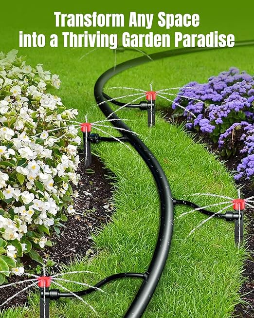 Pawfly 60 Pcs Push-to-Fit Drip Irrigation Emitters for 1/4 Inch Tubing, Drip Emitters Sprinklers with Stake & 8 Holes, Drip Irrigation System Parts with Adjustable Water Flow Irrigation Drippers, Red