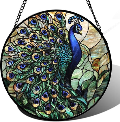 Stained Glass Window Hanging, Turquoise Peacock Sun Catcher for Door Home Decor Blue Green Suncatcher Christmas Mother's Day Birthday Gifts for Women Men Mom and Nana 7.8 in