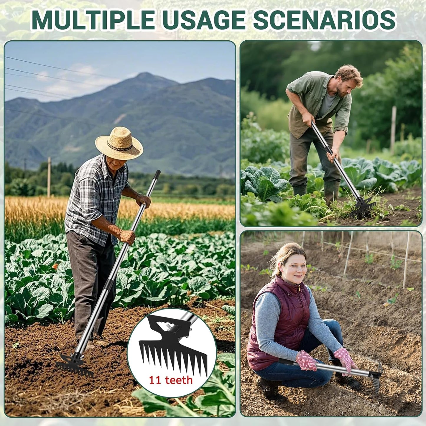 Weed Puller Tool with Long Handle, 2 in 1 Manual Weed Rake and Garden Hoe, 11 Tooth Weed Remover Tool, Hoe Garden Tool, Uprooting Weeding Tool for Yard, Lawn, Patio and Garden