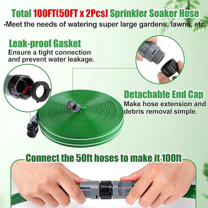2 Pack 50ft Sprinkler Soaker Hose - Kink-free, Save Water, Flexible, Heavy Duty Three Tube Flat Watering Hose for Garden Yard Lawn Irrigation, With 30 Stakes