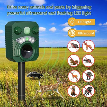 Solar Powered Animal Repeller Ultrasonic Dog Deterrent Waterproof Cat Repellent Outdoor Squirrel Deer Racoon Fox Control Device with RIP Sensor Flashing Light and 5 Modes