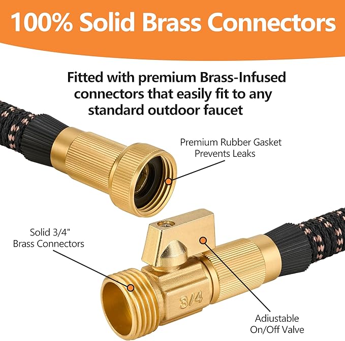 50 ft Expandable Garden Hose – 2025 Upgarded Garden Hose w/10 Pattern Thumb Spray Nozzle, 650psi Pure Brass 3/4” Fittings – Lightweight, Durable, and Kink-Free(Black Rose Gold)