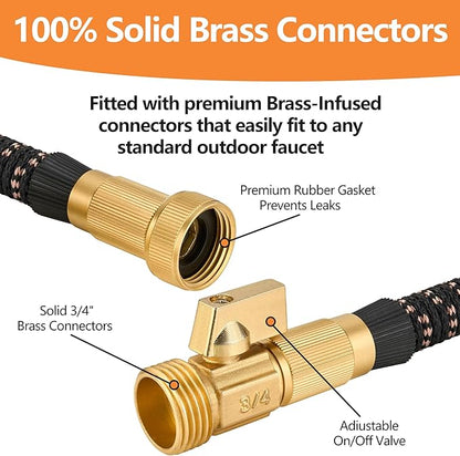 50 ft Expandable Garden Hose – 2025 Upgarded Garden Hose w/10 Pattern Thumb Spray Nozzle, 650psi Pure Brass 3/4” Fittings – Lightweight, Durable, and Kink-Free(Black Rose Gold)